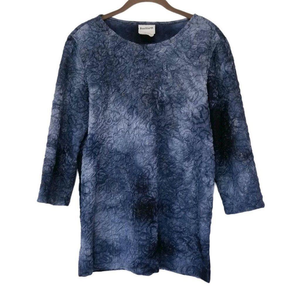 BonWorth Blue Shirt Size Xs Generous Fit Gold Sparkle Textured 3/4 Sleeve - Picture 1 of 5